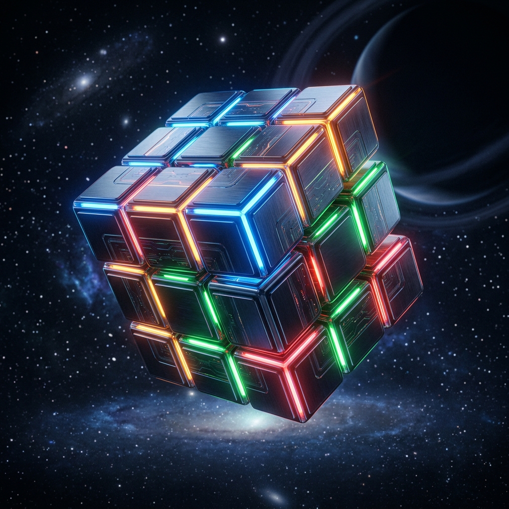 Cubo de Rubik futurista con luces de neón